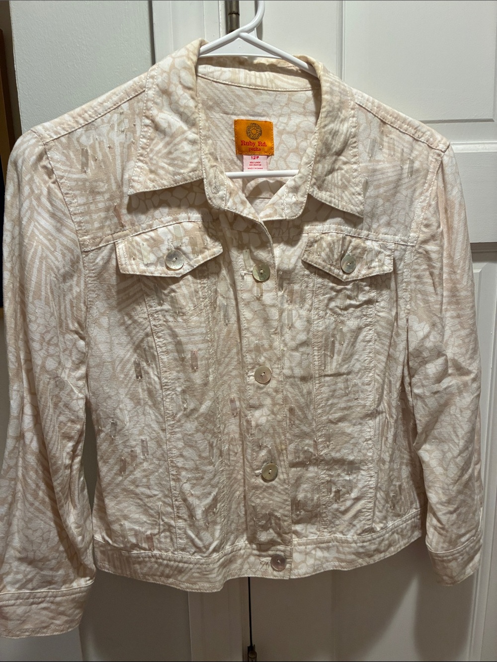 Ruby Rd. Cream Patterned Button-Front Jean Jacket